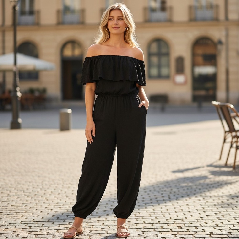 Princess Vera Wang Black Off The Shoulder Ruffle Jogger Jumpsuit Size Small